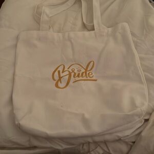 White w/ gold lettering bridal tote